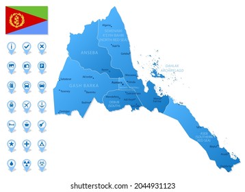 Blue map of Eritrea administrative divisions with travel infographic icons. Vector illustration