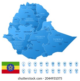 Blue map of Ethiopia administrative divisions with travel infographic icons. Vector illustration