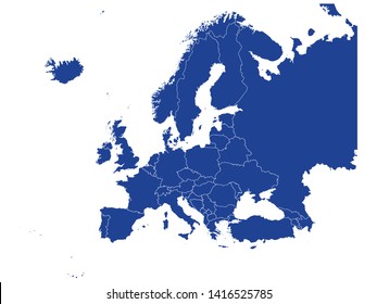 Blue Map Of Europe With Countries On White Background