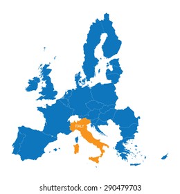 blue map of European Union with indication of Italy