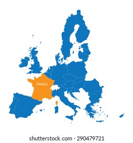 blue map of European Union with indication of largest cities