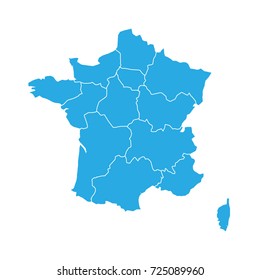 Blue map of France divided into 13 administrative metropolitan regions, since 2016. Vector illustration.