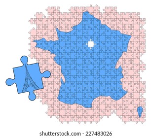 Blue map of France and Eiffel tower, symbol of Paris, made of pieces of jigsaw puzzle. location of capital city is part that is pulled out. vector art image illustration isolated on white background