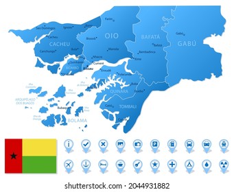 Mapa azul de las divisiones administrativas de Guinea Bissau con íconos de infografía de viajes. Ilustración del vector