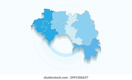Blue Map of Guinea, Guinea map with borders of the states, country high detailed illustration map.