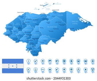 Blue map of Honduras administrative divisions with travel infographic icons. Vector illustration