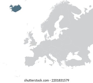 Blue Map of Iceland within gray map of European continent