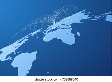 Blue map with interconnected cities vector background. Concept of connection, communication. EPS10
