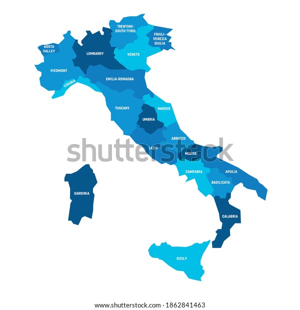 Blue map of Italy\
divided into 20 administrative regions. White labels. Simple flat\
vector illustration.