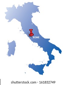 blue map of Italy with red push pin indicating Rome