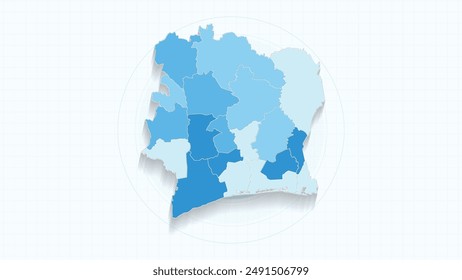 Blue Map of Ivory Coast, Ivory Coast map with borders of the states, country high detailed illustration map.