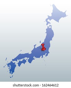 blue map of Japan with red push pin indicating the position of T
