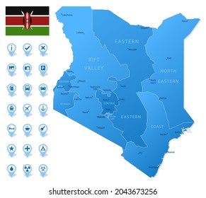 Blue map of Kenya administrative divisions with travel infographic icons. Vector illustration