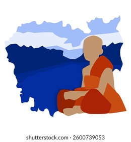 Blue map with landscape of Cambodia with monk isolated on white background