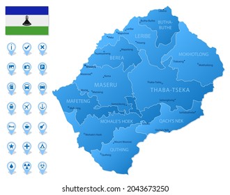 Mapa azul de las divisiones administrativas de Lesoto con iconos de infografía de viajes. Ilustración del vector