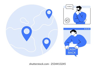 Blue map with location pins, video call, person with cash back card. Ideal for remote work, online communication, global connectivity, customer rewards, digital transactions. Minimalist modern style