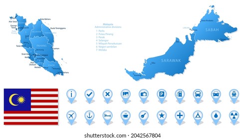 Blue map of Malaysia administrative divisions with travel infographic icons. Vector illustration