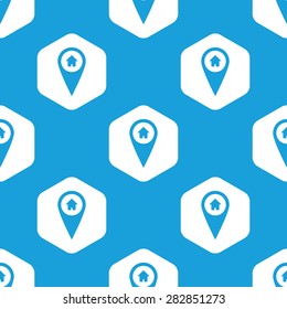 Blue map marker with house, in white hexagon, repeated on blue