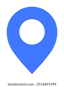 A blue map marker pin represents location with a circular hole in the center against a white background. Themes include navigation, maps, GPS, geolocation, and directions.