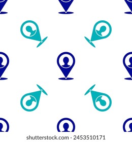 Blue Map marker with a silhouette of a person icon isolated seamless pattern on white background. GPS location symbol.  Vector