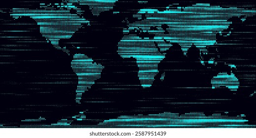 Blue map matrix pattern on the dark background in a shape of continents. Big data visualization. Digital modern texture backdrop. Vector illustration.