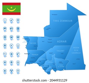 Blue map of Mauritania administrative divisions with travel infographic icons. Vector illustration