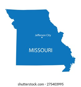 blue map of Missouri with indication of Jefferson City