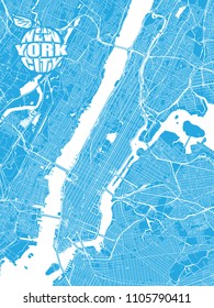 Blue map of New York City with Apple Logo. Very detailled version with bridges and without names. NYC-Apple logo grouped seperatly.