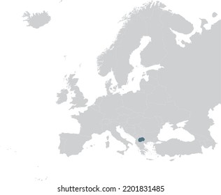 Blue Map of North Macedonia within gray map of European continent