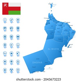 Blaue Karte der Oman-Verwaltungsabteilungen mit Infografiken über Reisen. Vektorgrafik