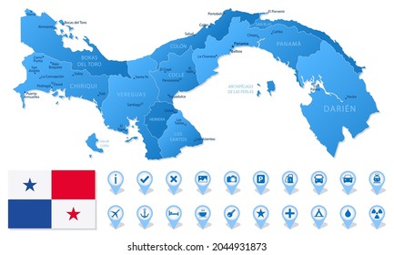 Blue map of Panama administrative divisions with travel infographic icons. Vector illustration