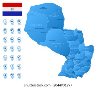 Blue map of Paraguay administrative divisions with travel infographic icons. Vector illustration