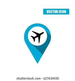 Blue map pin with airplane icon isolated on white background