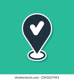 Blue Map pin with check mark icon isolated on green background. Navigation, pointer, location, map, gps, direction, place, compass, search concept.  Vector