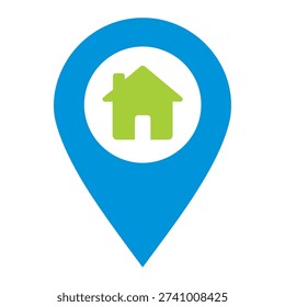 A blue map pin containing a green house symbol inside a white circle