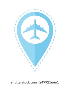 Icono de pin de mapa azul con avión dentro y línea punteada alrededor, aislado sobre fondo blanco. Ilustración vectorial plana