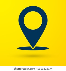 Blue Map pin icon isolated on yellow background. Pointer symbol. Location sign. Navigation map, gps, direction, place, compass, contact, search concept. Vector Illustration