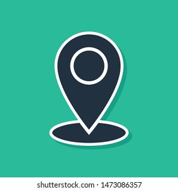 Blue Map pin icon isolated on green background. Navigation, pointer, location, map, gps, direction, place, compass, contact, search concept.  Vector Illustration