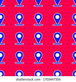 Icono del pasador Blue Map aislado sin fisuras en el fondo rojo. Navegación, puntero, ubicación, mapa, gps, dirección, lugar, brújula, concepto de búsqueda. Ilustración vectorial