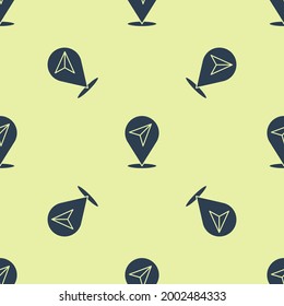 Blue Map pin icon isolated seamless pattern on yellow background. Navigation, pointer, location, map, gps, direction, place, compass, search concept.  Vector