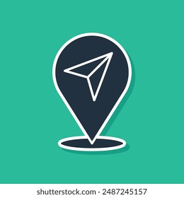 Blaue Karte Pin-Symbol isoliert auf grünem Hintergrund. Navigation, Zeiger, Lage, Karte, GPS, Richtung, Ort, Kompass, Suchkonzept.  Vektorgrafik