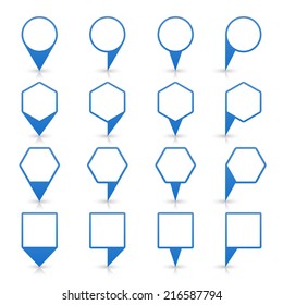 Blue map pin icon location sign with gray reflection and shadow isolated on white background  in flat simple style. This web design element save in vector illustration 8 eps