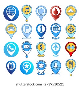 Blue map pin icon set featuring location, navigation, and business directory symbols in clean modern style. Perfect for travel services, transport platforms, and corporate applications.