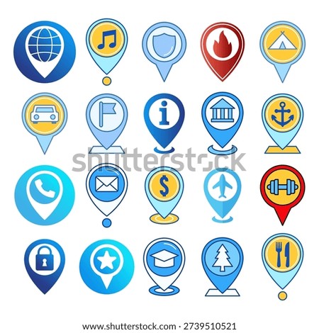 Blue map pin icon set featuring location, navigation, and business directory symbols in clean modern style. Perfect for travel services, transport platforms, and corporate applications.
