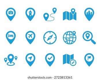 Pin azul del mapa y conjunto de iconos de navegación con punteros de viaje, símbolos de Locación GPS, hotel, aeropuerto, brújula, globo y Lugares famosos de la ciudad aislados sobre fondo blanco.