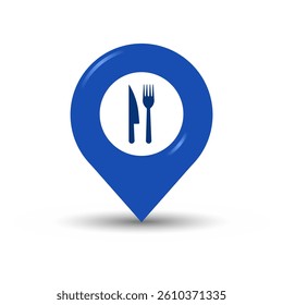Blue map pin with restaurant icon.