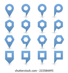 Blue map pin sign location icon with empty copy space and gray shadow, reflection on white background  in simple flat style. Web design element save in vector illustration 8 eps