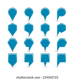 Blue map pin sign satin location icon with copy space and gray reflection and shadow isolated on white background. Web design element save in vector illustration 8 eps
