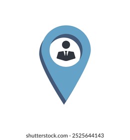 Blue map pin with white circle and person in suit, perfect for business location or travel concept design projects.