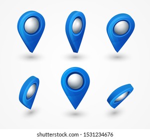 Blue map pointer 3d pin with glowing glass bubble. Location symbols vector set isolated on white background. Web location point, pointer 3d arrow mark illustration